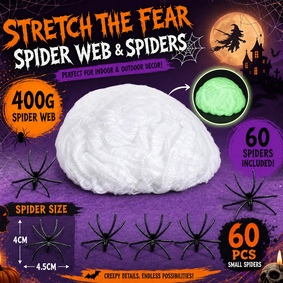 Toile d’araignée décorative Halloween 400 g + 60 araignées – Ultra-extensible