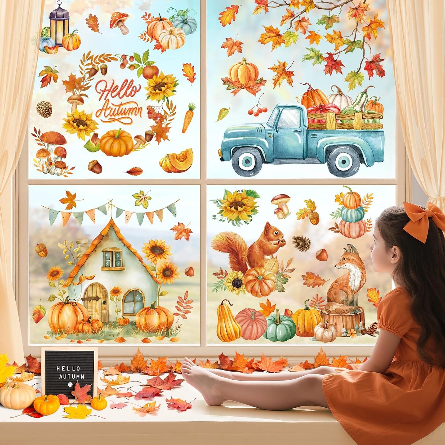 Stickers fenêtre automne – 121 autocollants réutilisables
