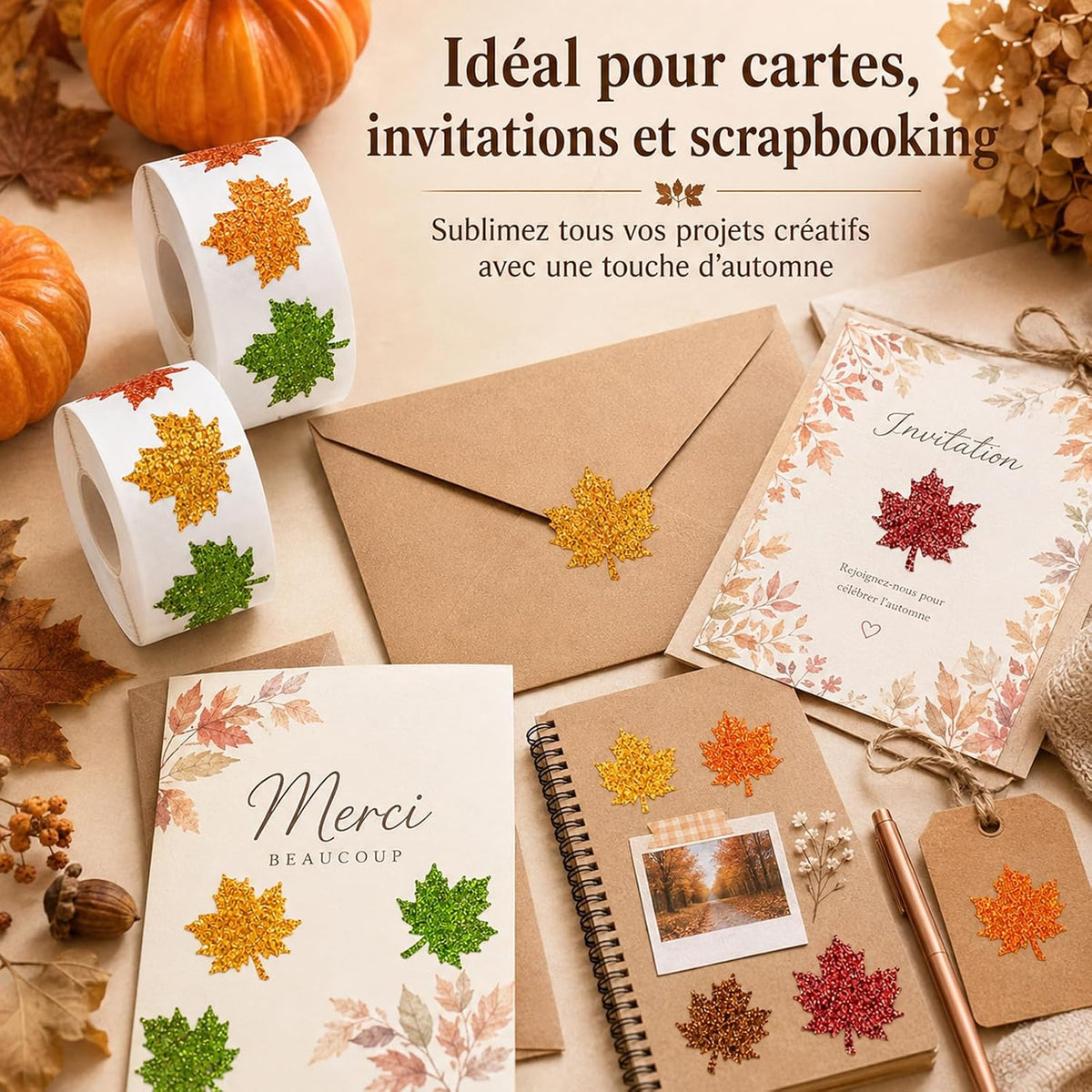 Lot de 1000 gommettes Automne – Stickers feuilles brillantes holographiques