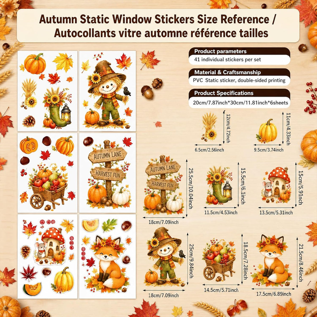 Stickers Fenêtre Automne – 6 Feuilles PVC statique | Épouvantail, renard, champignon
