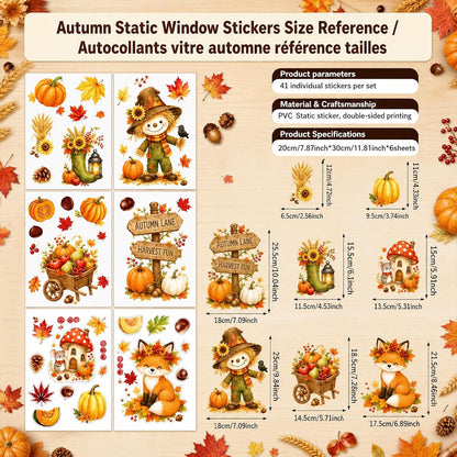 Stickers Fenêtre Automne – 6 Feuilles PVC statique | Épouvantail, renard, champignon