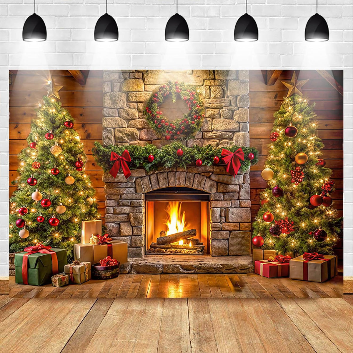 Toile de fond de Noël – Cheminée, sapin et cadeaux