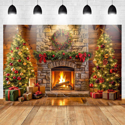 Toile de fond de Noël – Cheminée, sapin et cadeaux