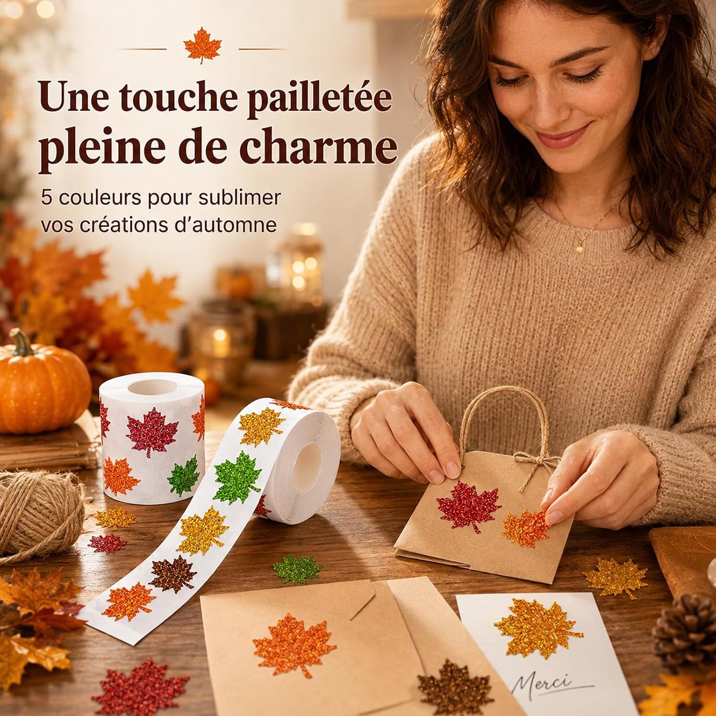 Lot de 1000 gommettes Automne – Stickers feuilles brillantes holographiques