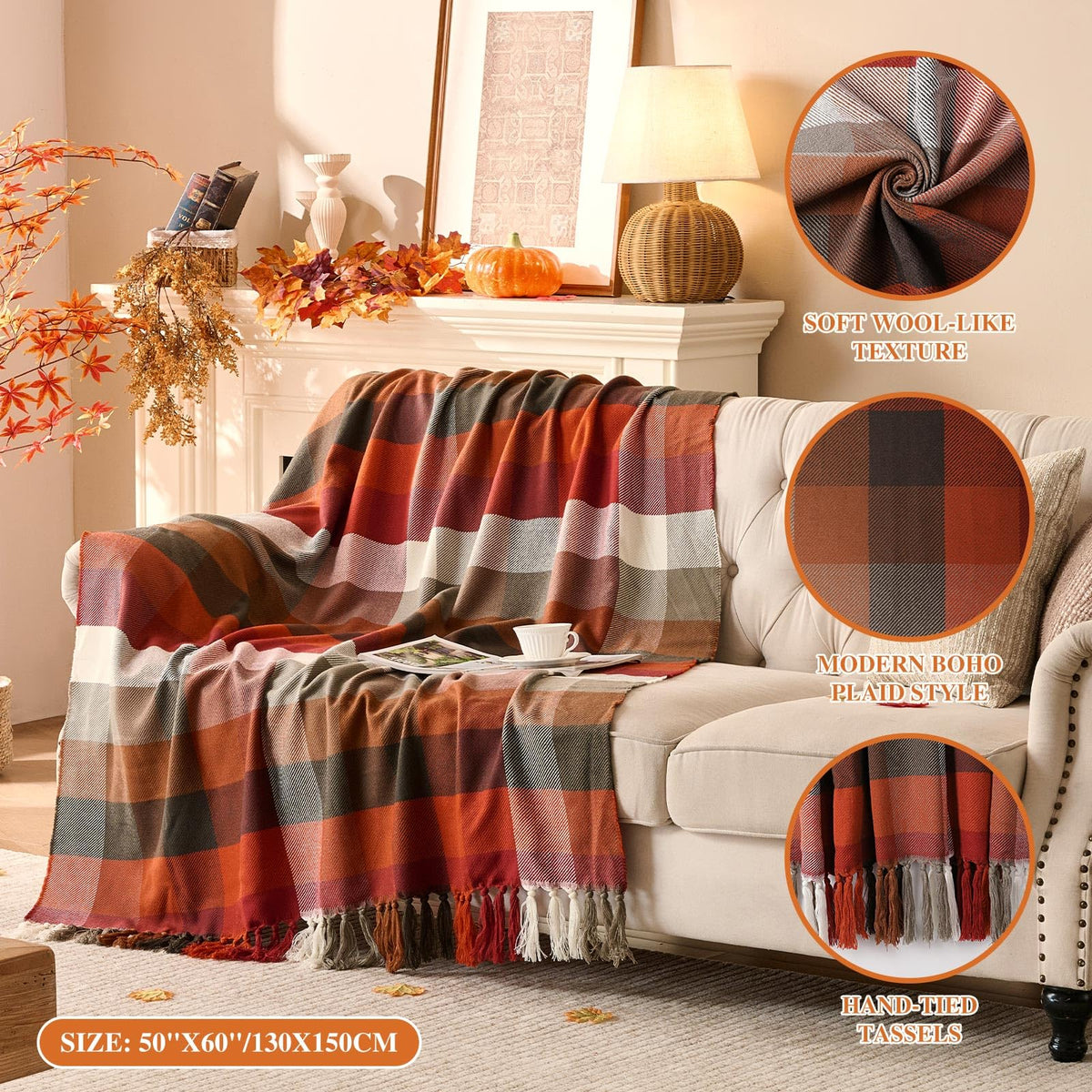 Plaid à carreaux d'Automne – Franges nouées main | Lanpn