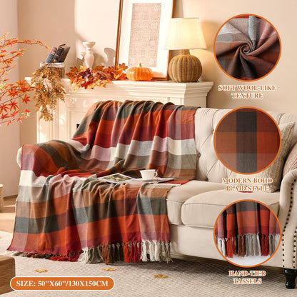 Plaid à carreaux d'Automne – Franges nouées main | Lanpn