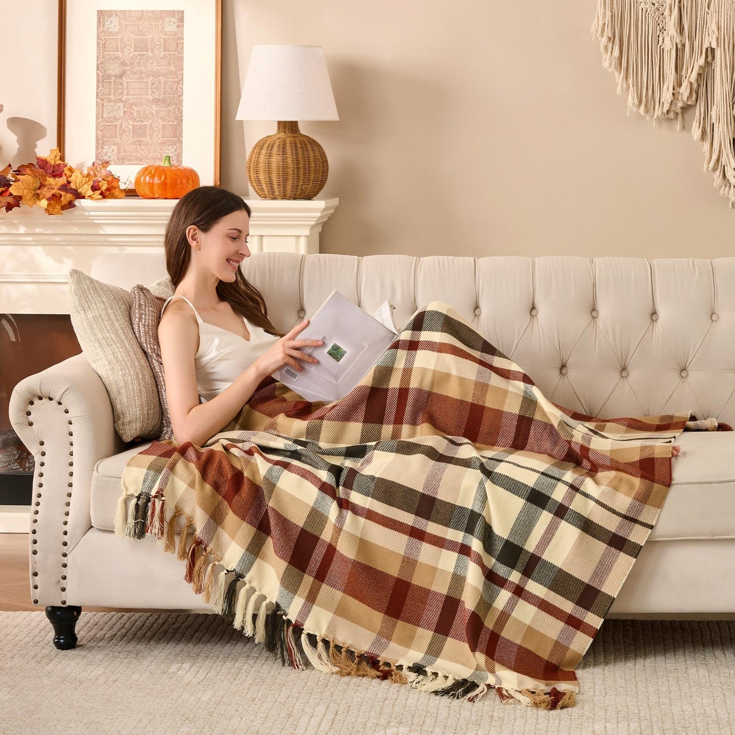 Plaid à carreaux d'Automne – Franges nouées main | Lanpn