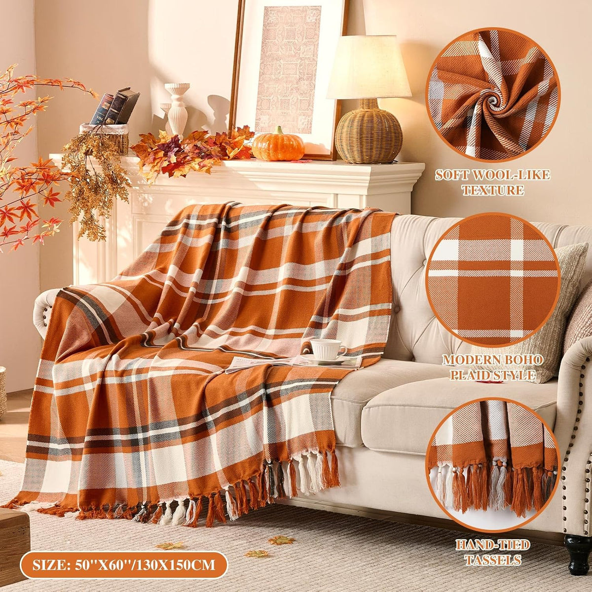 Plaid à carreaux d'Automne – Franges nouées main | Lanpn