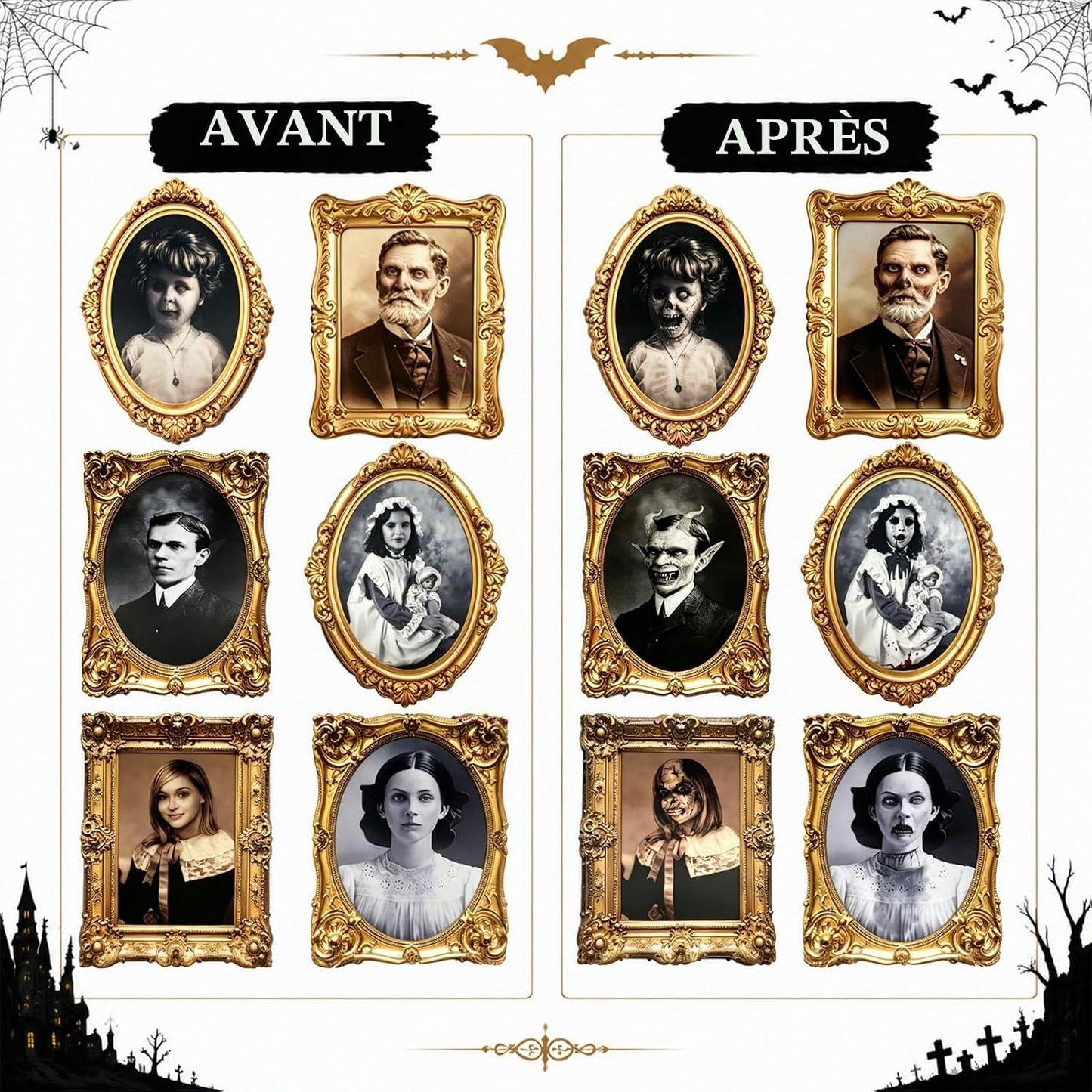 Galerie hantée – Lot de 6 cadres 3D à portraits changeants | Dutown