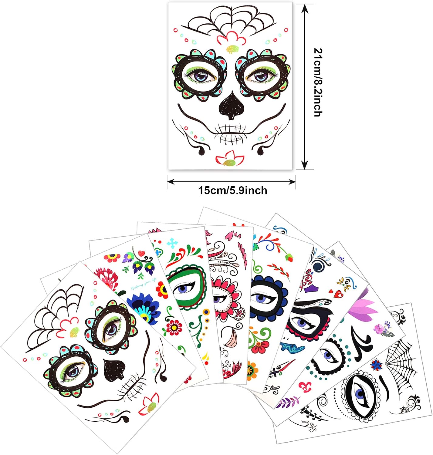 Tatouages temporaires Halloween visage – Lot de 8 Feuilles
