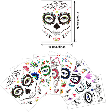 Tatouages temporaires Halloween visage – Lot de 8 Feuilles