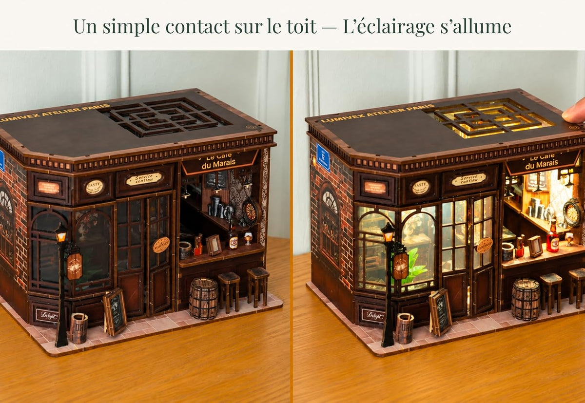 Book nook Le Café du Marais – Maquette en bois avec éclairage LED