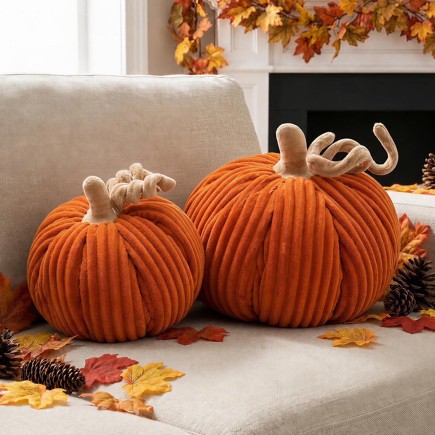Lot de 2 coussins citrouille d'automne à rayures – Décoration Halloween & Thanksgiving