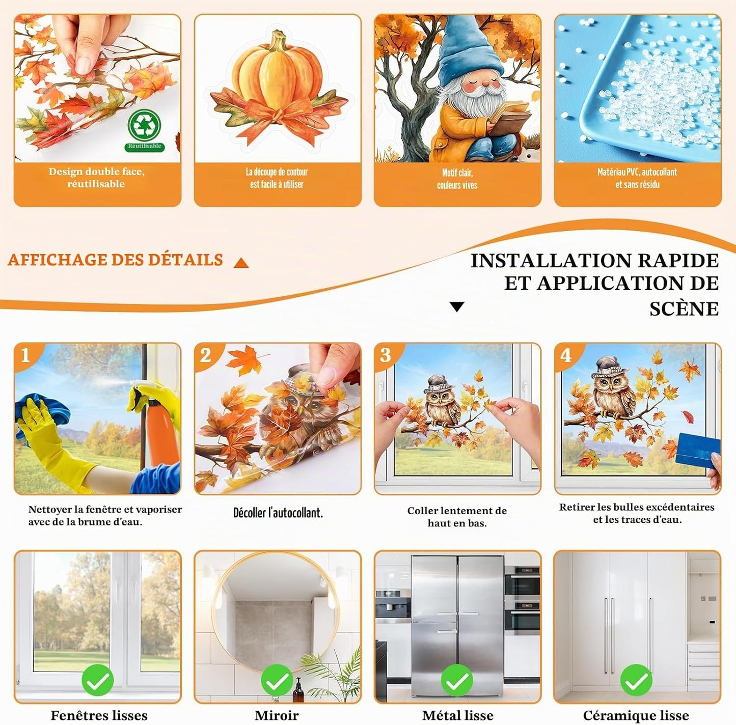 Stickers fenêtre automne – 121 autocollants réutilisables
