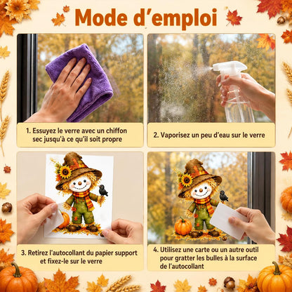 Stickers Fenêtre Automne – 6 Feuilles PVC statique | Épouvantail, renard, champignon