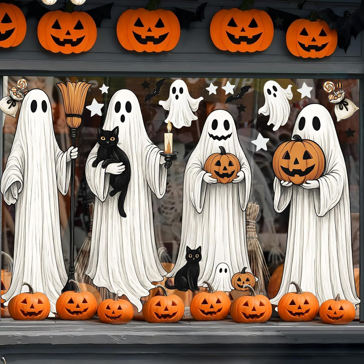 Autocollants de fenêtre Halloween – Lot de 4 feuilles grand format