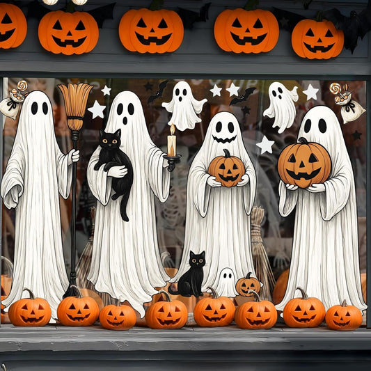 Autocollants de fenêtre Halloween – Lot de 4 feuilles grand format