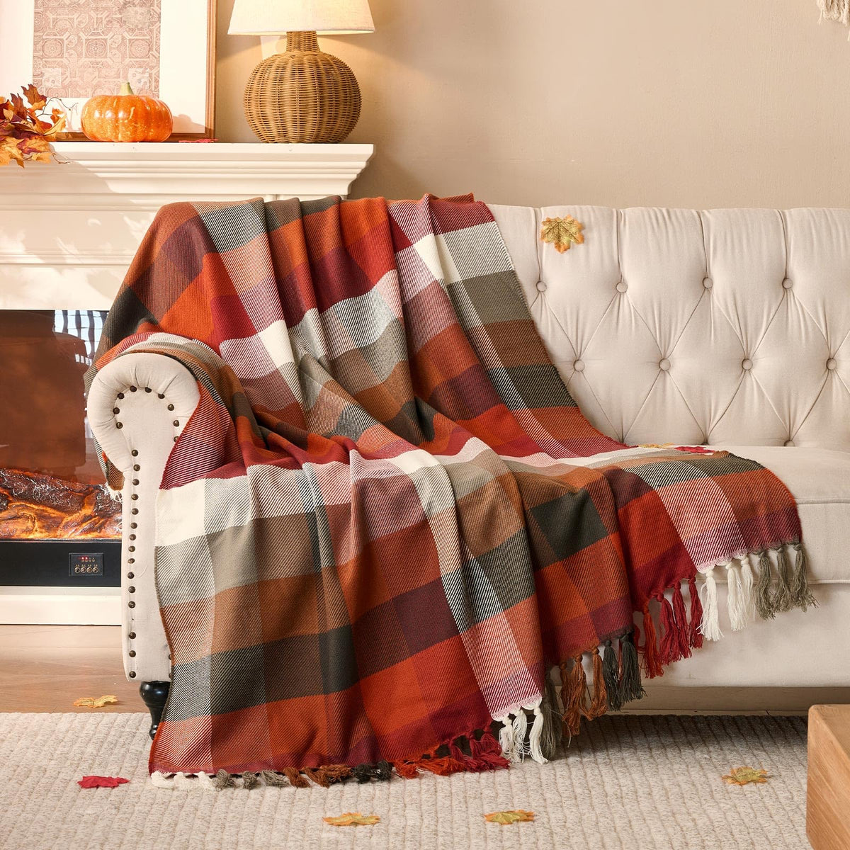 Plaid à carreaux d'Automne – Franges nouées main | Lanpn