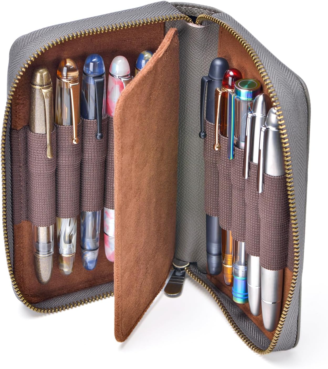 Étui à stylos en cuir - 10 fentes avec pochette zippée – Fait main