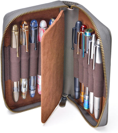 Étui à stylos en cuir - 10 fentes avec pochette zippée – Fait main