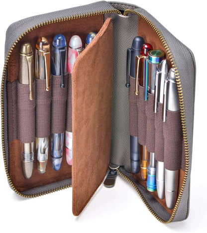 Étui à stylos en cuir - 10 fentes avec pochette zippée – Fait main