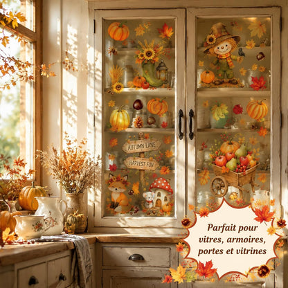 Stickers Fenêtre Automne – 6 Feuilles PVC statique | Épouvantail, renard, champignon