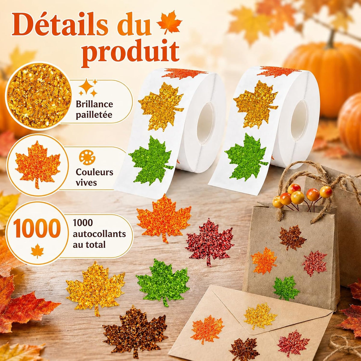 Lot de 1000 gommettes Automne – Stickers feuilles brillantes holographiques