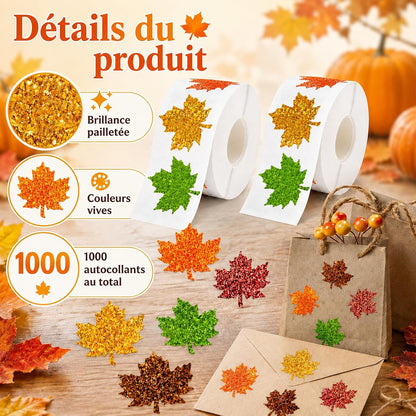 Lot de 1000 gommettes Automne – Stickers feuilles brillantes holographiques