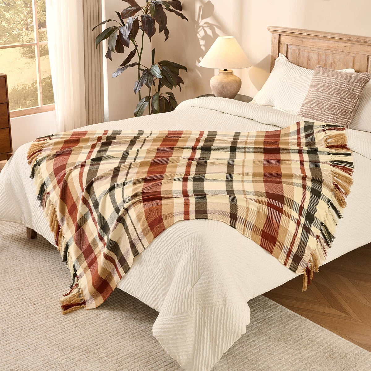 Plaid à carreaux d'Automne – Franges nouées main | Lanpn