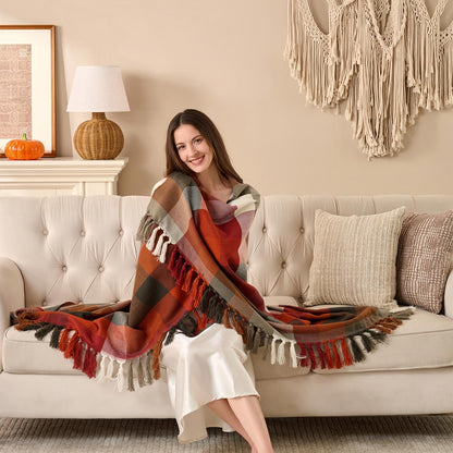 Plaid à carreaux d'Automne – Franges nouées main | Lanpn