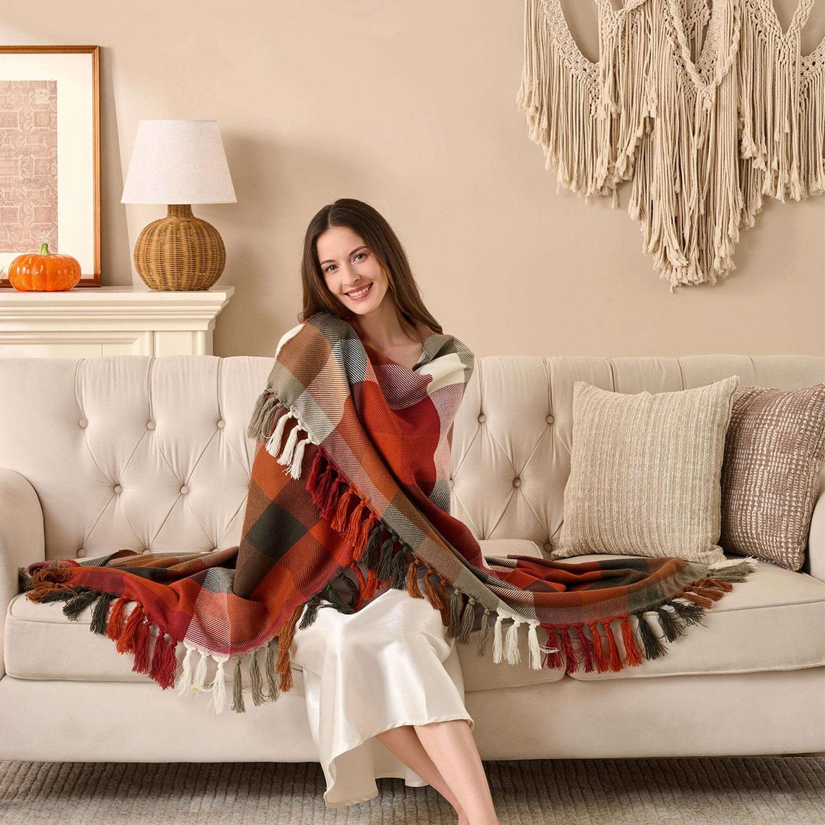 Plaid à carreaux d'Automne – Franges nouées main | Lanpn