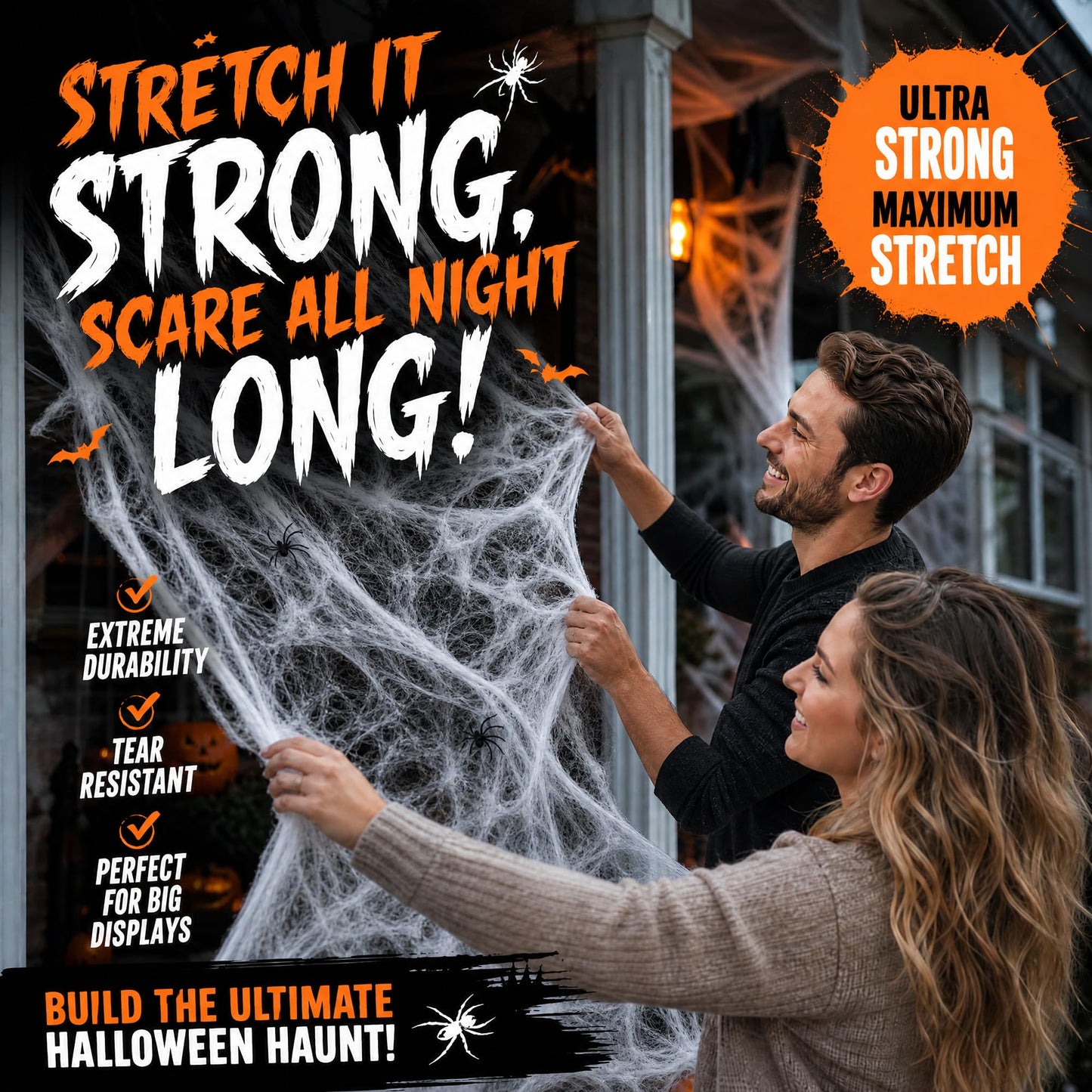 Toile d’araignée décorative Halloween 400 g + 60 araignées – Ultra-extensible
