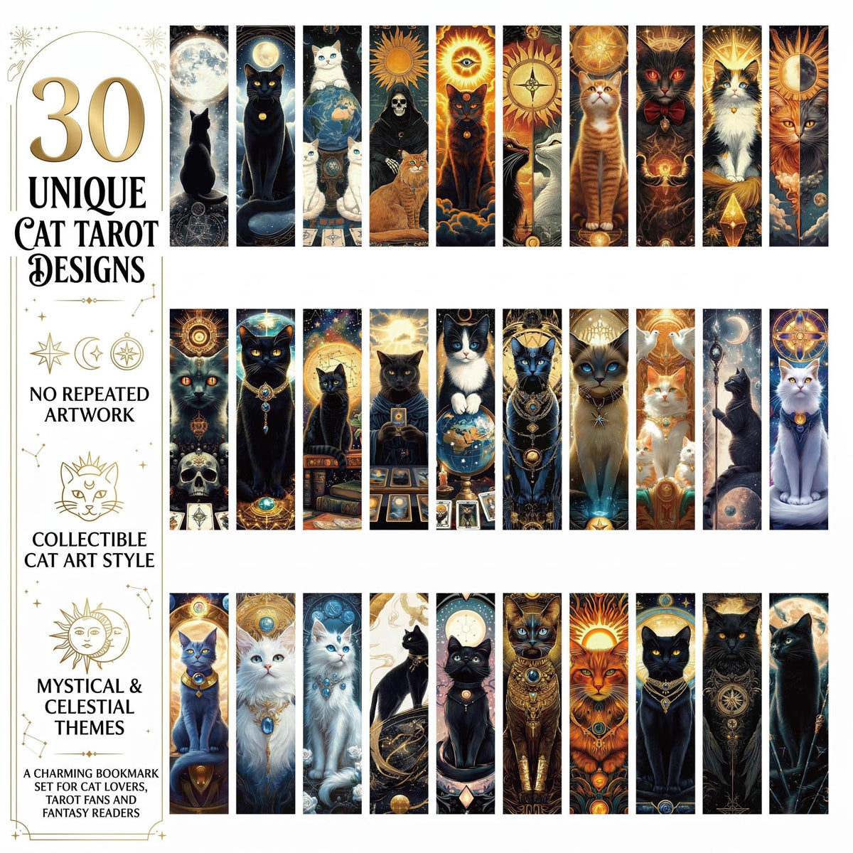30 marque-pages illustrés – Fantasy "Art nouveau "ou "Tarot mystique félin"