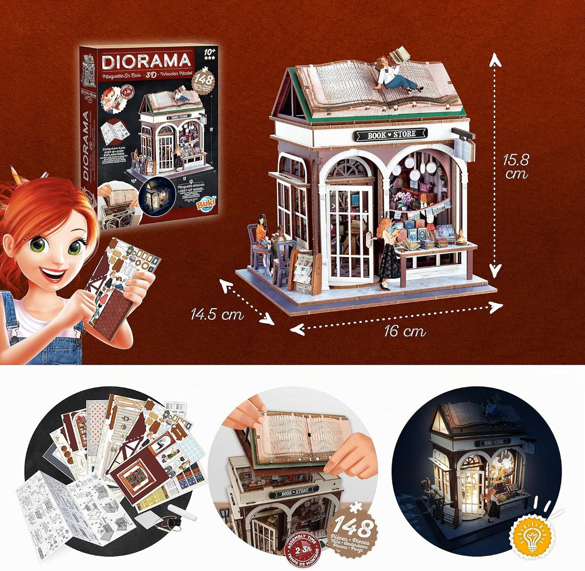 Diorama Librairie miniature en bois avec LED – Kit DIY 148 pièces | Buki