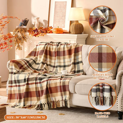 Plaid à carreaux d'Automne – Franges nouées main | Lanpn