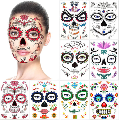 Tatouages temporaires Halloween visage – Lot de 8 Feuilles