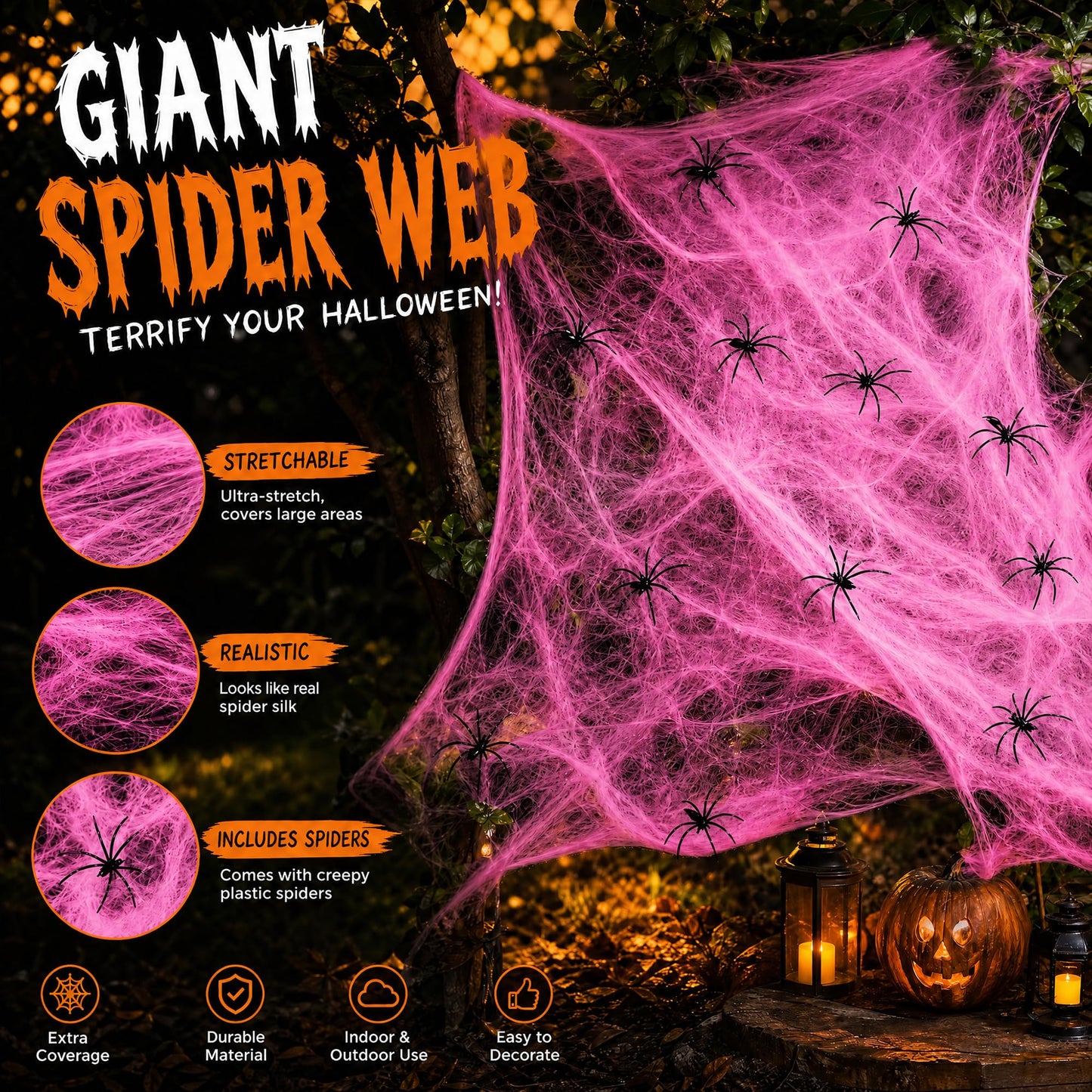 Toile d’araignée décorative Halloween 400 g + 60 araignées – Ultra-extensible
