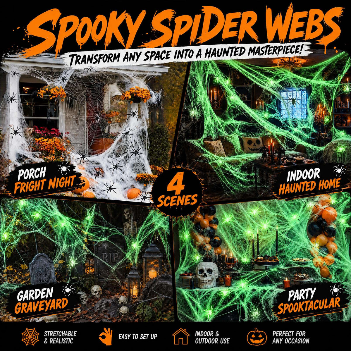Toile d’araignée décorative Halloween 400 g + 60 araignées – Ultra-extensible