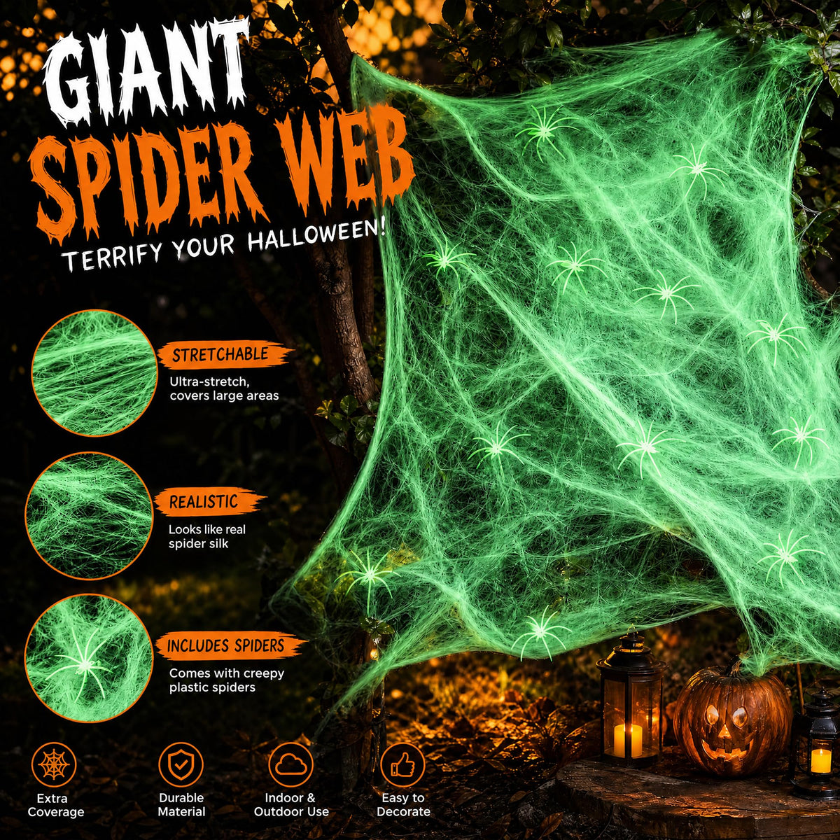 Toile d’araignée décorative Halloween 400 g + 60 araignées – Ultra-extensible