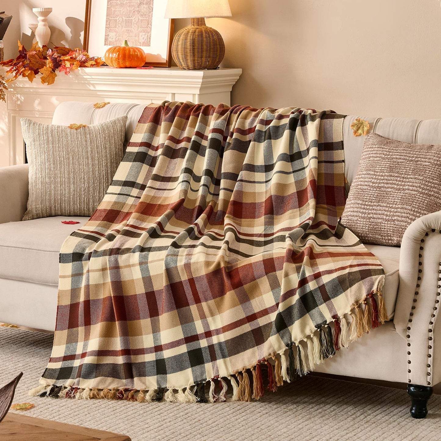 Plaid à carreaux d'Automne – Franges nouées main | Lanpn