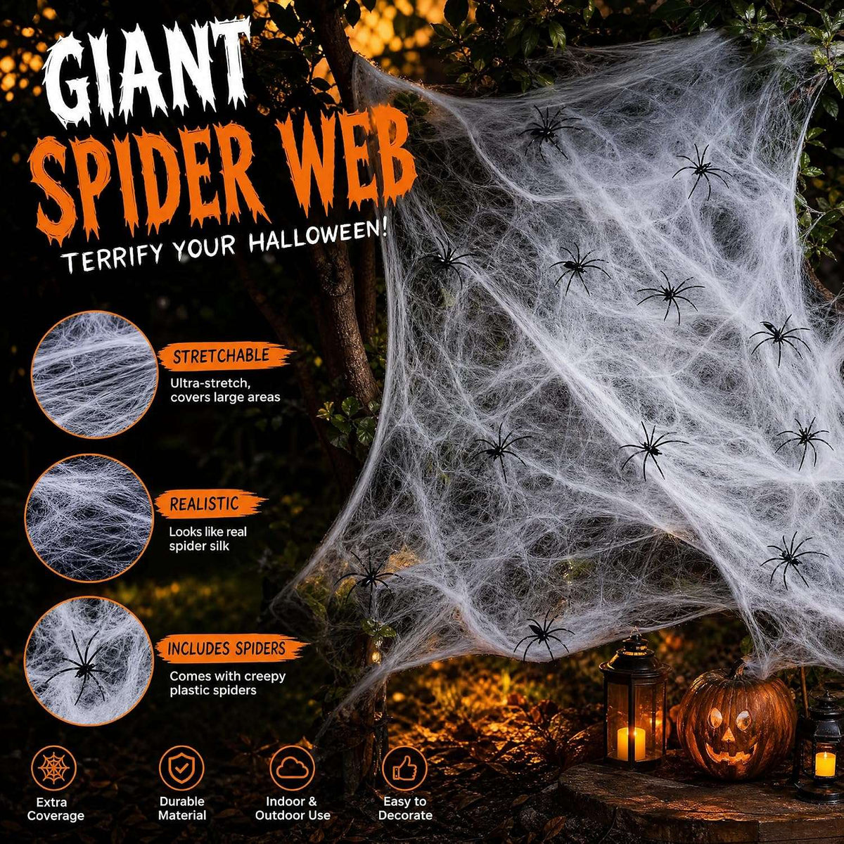 Toile d’araignée décorative Halloween 400 g + 60 araignées – Ultra-extensible