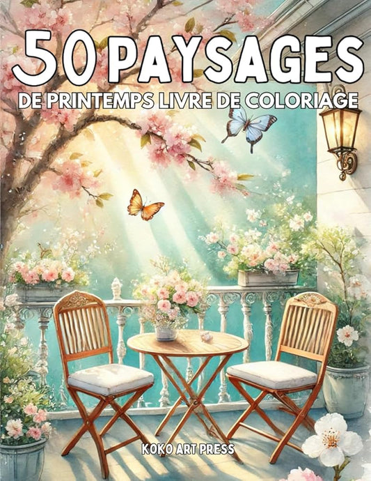 50 Paysages de Printemps: Livre de Coloriage de Scènes et Nature de Printemps Pour Adultes et Adolescents, Dessins Anti Stress et Relaxant (French Edition) cover image