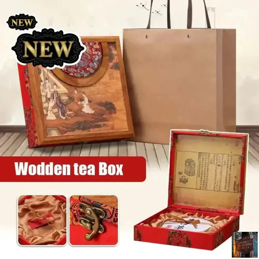 Boîte à thé vintage en bois Pu'er - Boîte de rangement 357 g - © 2026 Le Grimoire Ancien
