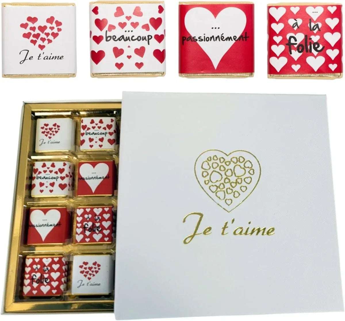 Boîte de Chocolats - Coffret de 32 carrés de chocolat individuels pour lui dire "Je t’aime" - © 2026 Le Grimoire Ancien