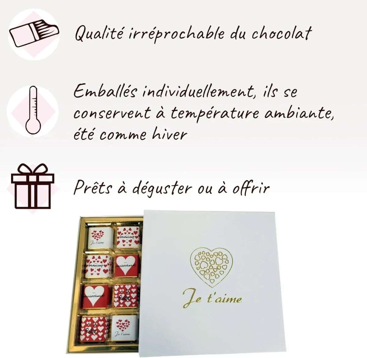 Boîte de Chocolats - Coffret de 32 carrés de chocolat individuels pour lui dire "Je t’aime" - © 2026 Le Grimoire Ancien