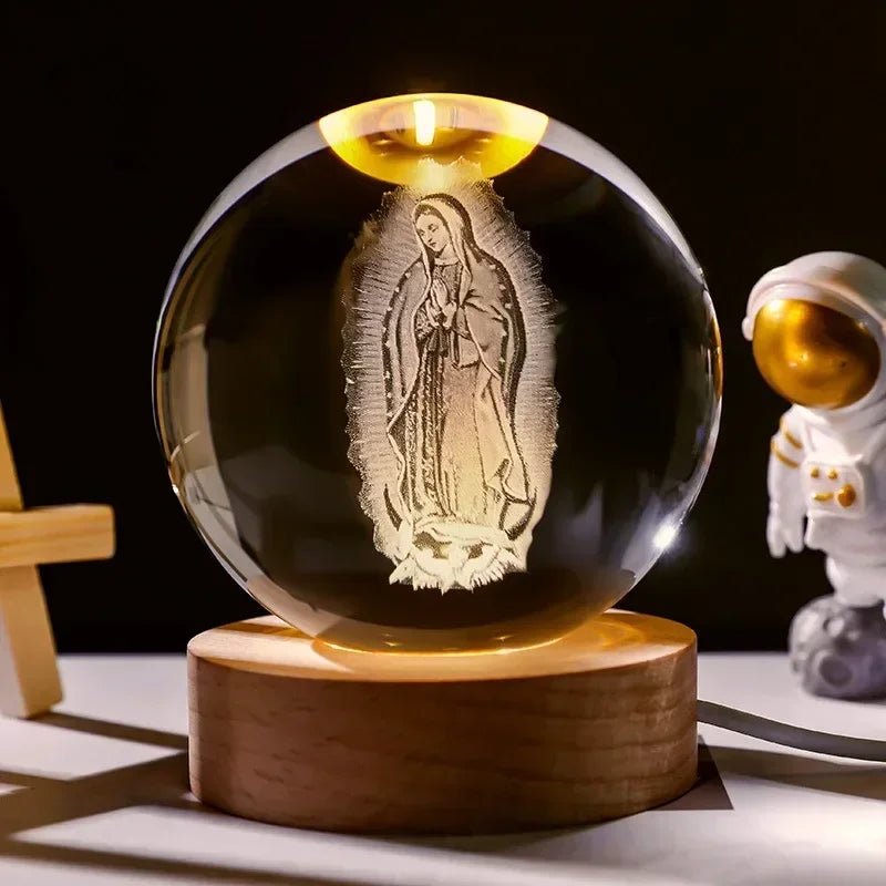 Boule de cristal illuminée - Jésus et Vierge Marie avec croix pour dévotion - Le Grimoire Ancien