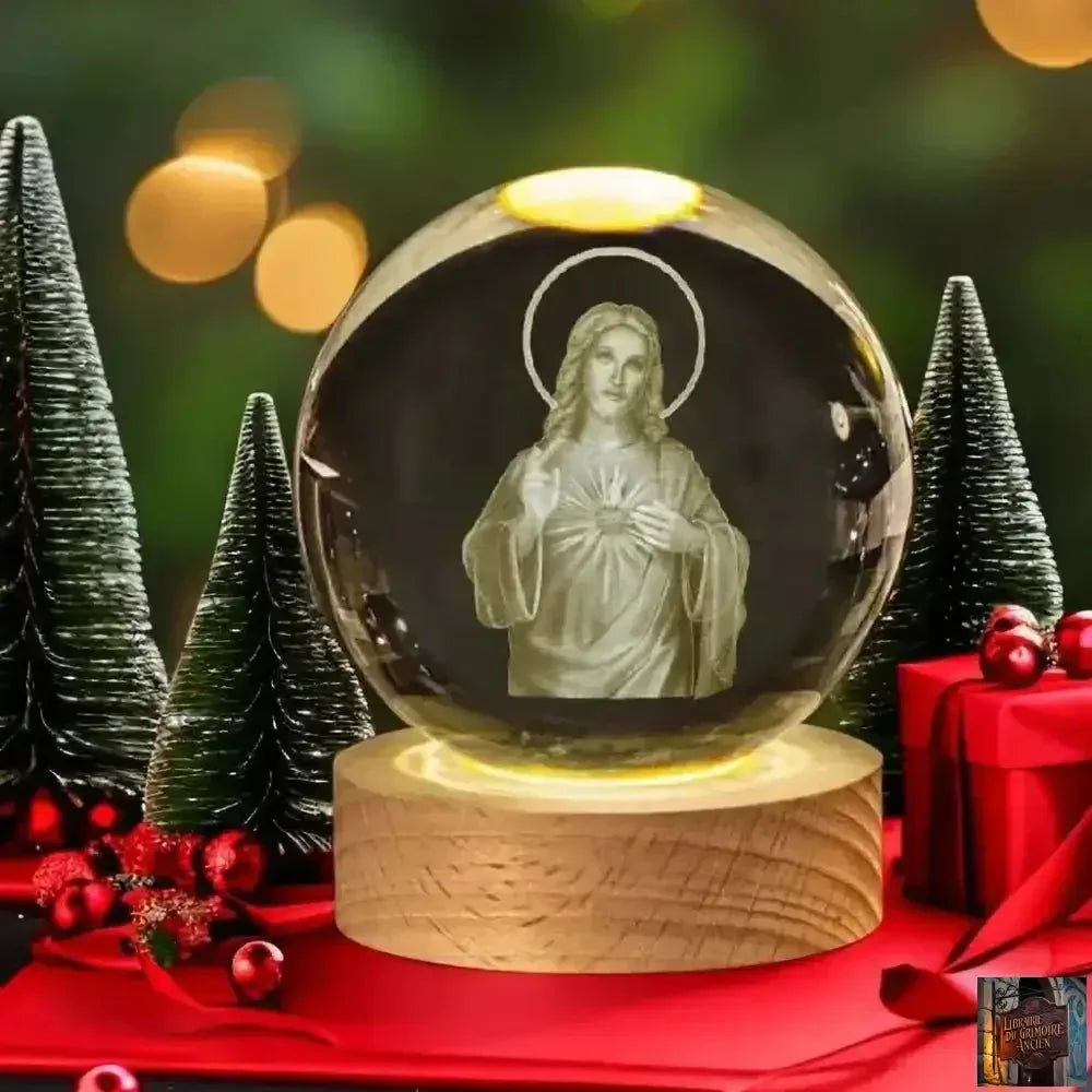 Boule de cristal illuminée - Jésus et Vierge Marie avec croix pour dévotion - © 2026 Le Grimoire Ancien