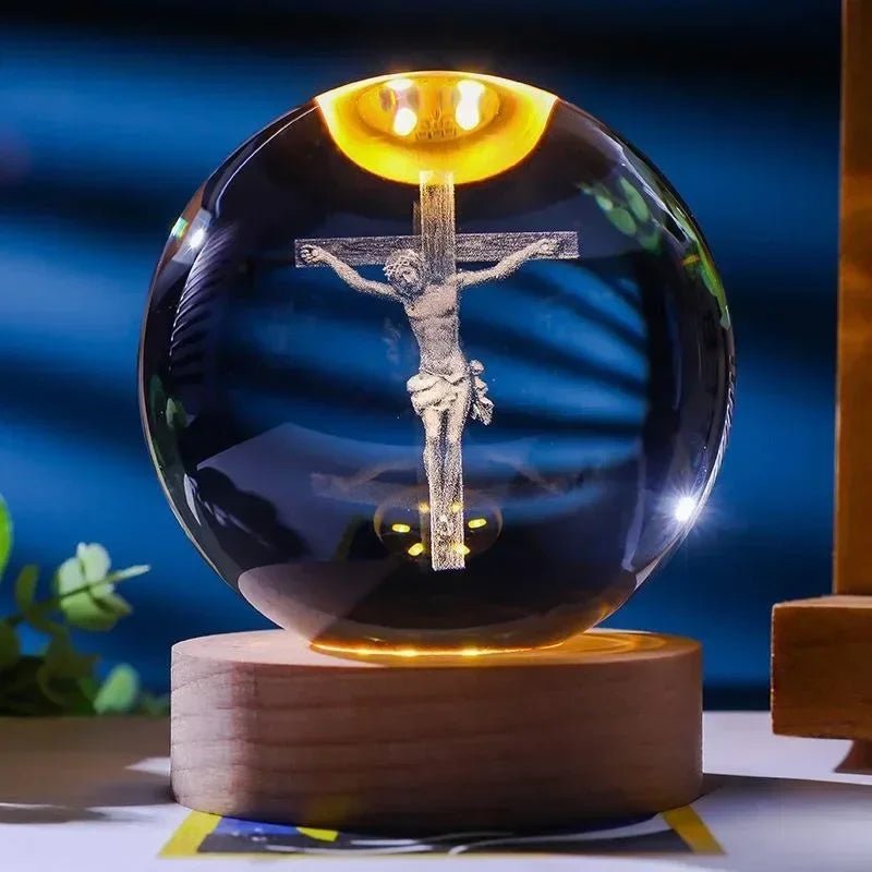 Boule de cristal illuminée - Jésus et Vierge Marie avec croix pour dévotion - Le Grimoire Ancien