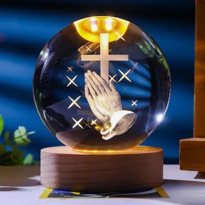 Boule de cristal illuminée - Jésus et Vierge Marie avec croix pour dévotion - Le Grimoire Ancien