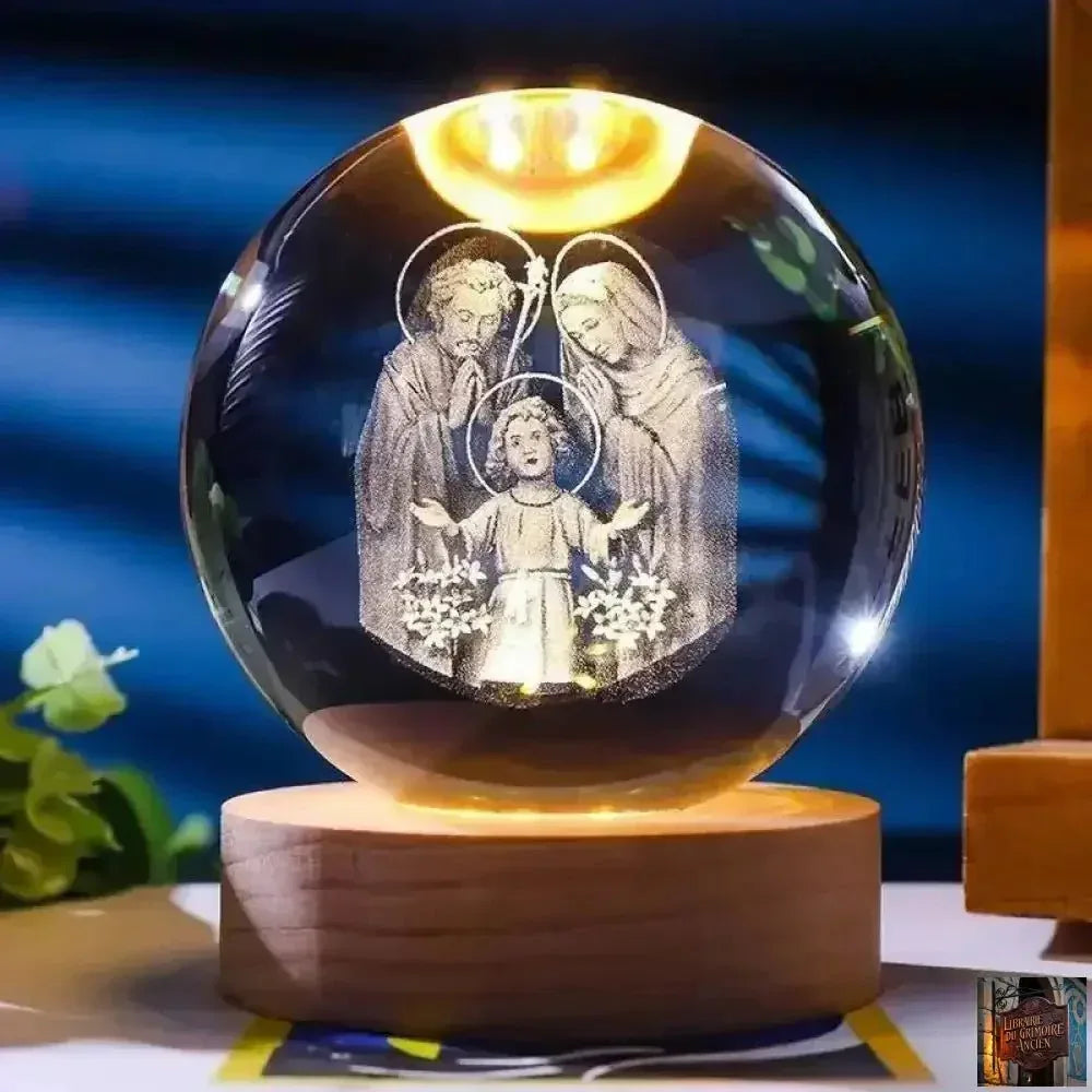 Boule de cristal illuminée - Jésus et Vierge Marie avec croix pour dévotion - © 2026 Le Grimoire Ancien